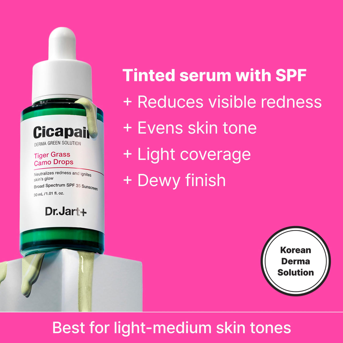 Dr.Jart+ dropper releasing green-to-beige serum texture for easy blending