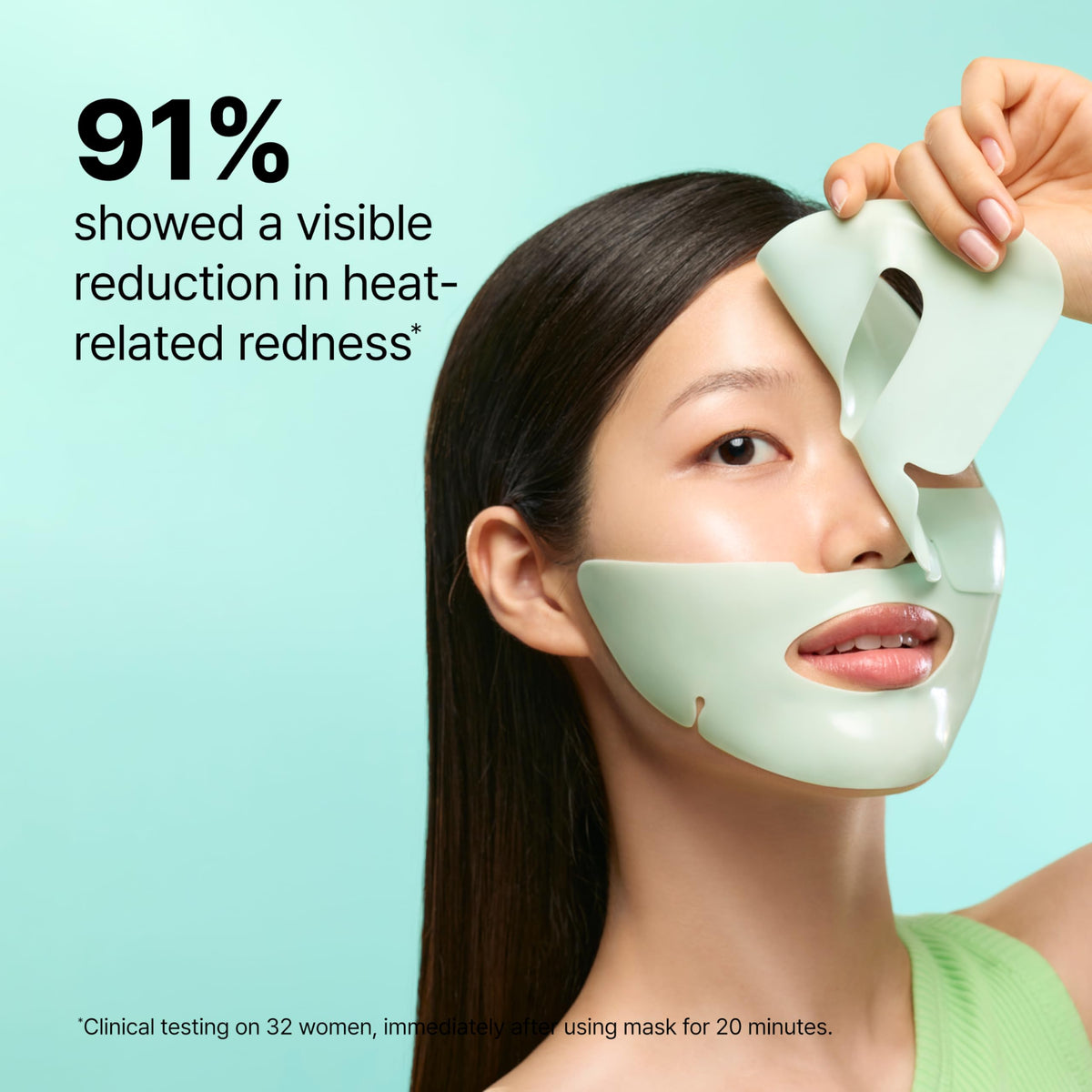 Model wearing Dr.Jart+ rubber mask demonstrating immediate cooling comfort