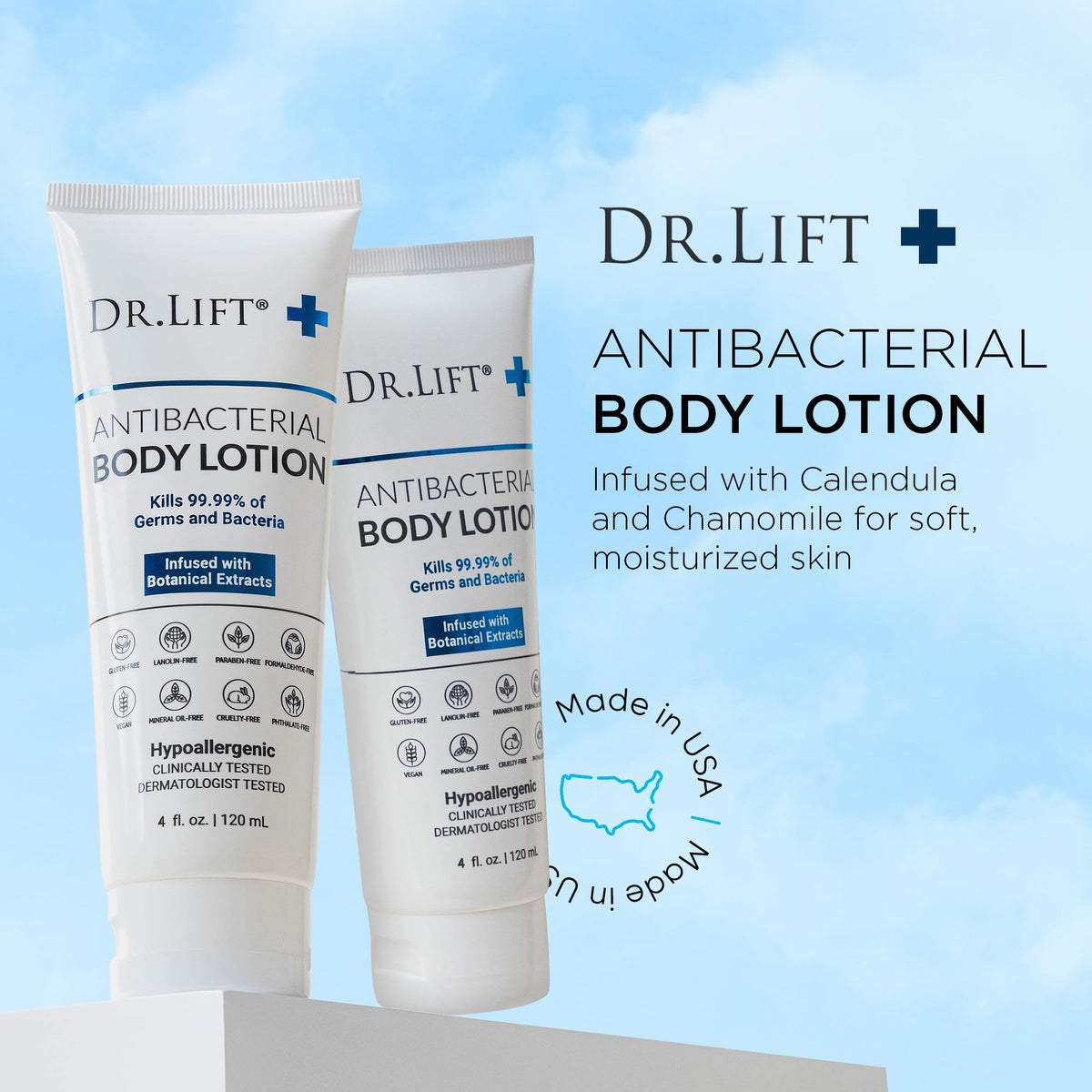 DR. LIFT bottle beside calendula and chamomile illustrating soothing botanicals