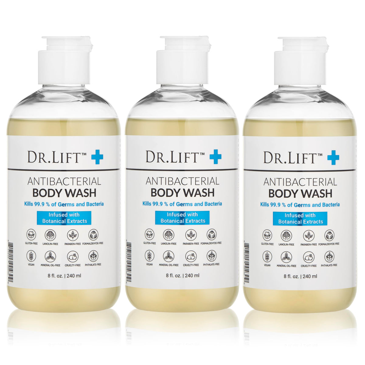 DR. LIFT front packaging showing three 8 oz bottles and clear labeling for easy identification and storage