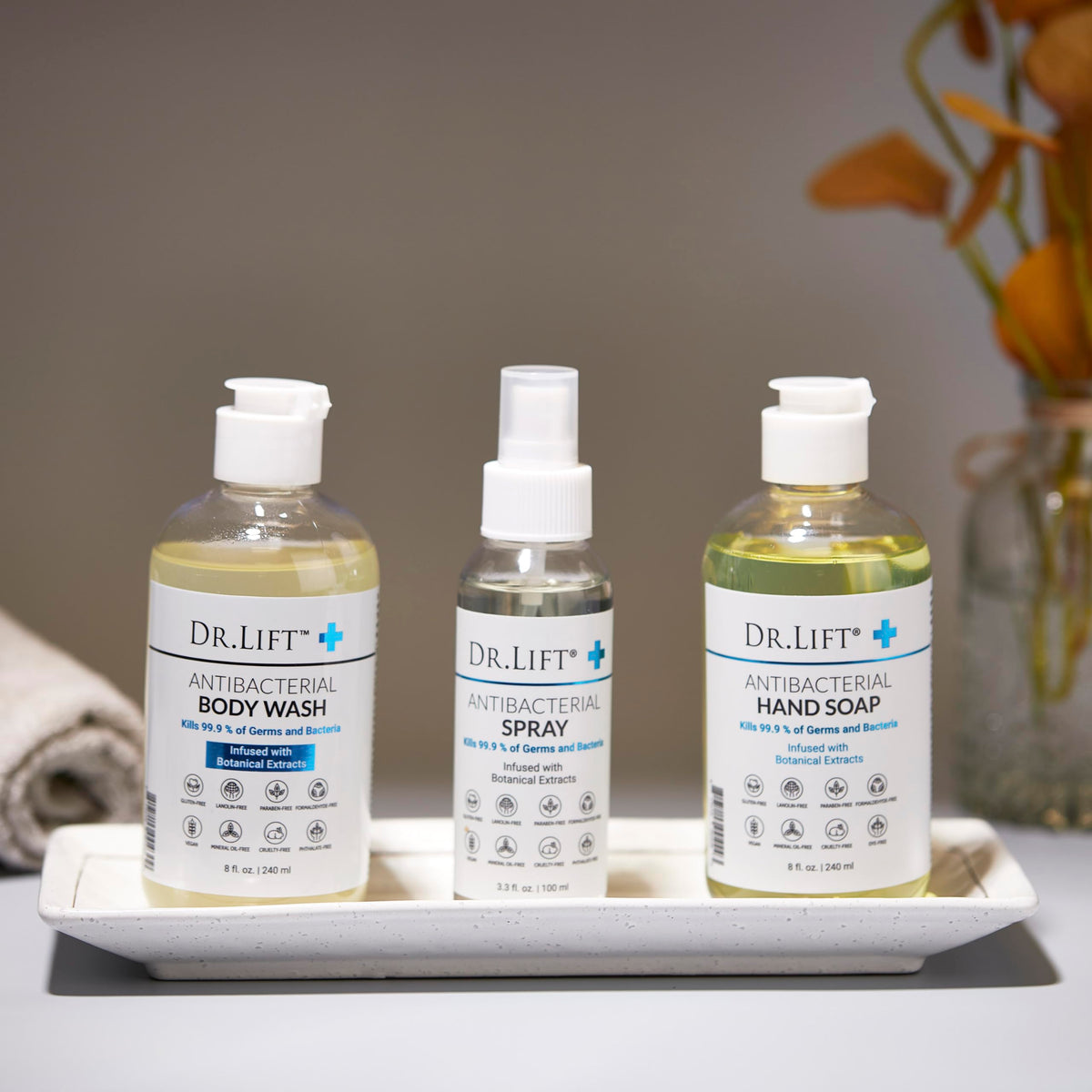 DR. LIFT in-shower use with person lathering on a washcloth showing effective cleansing and comfort