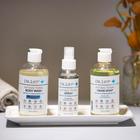DR. LIFT in-shower use with person lathering on a washcloth showing effective cleansing and comfort