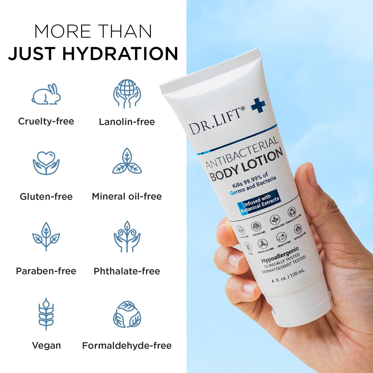DR. LIFT pump dispenser and clear label for easy daily use