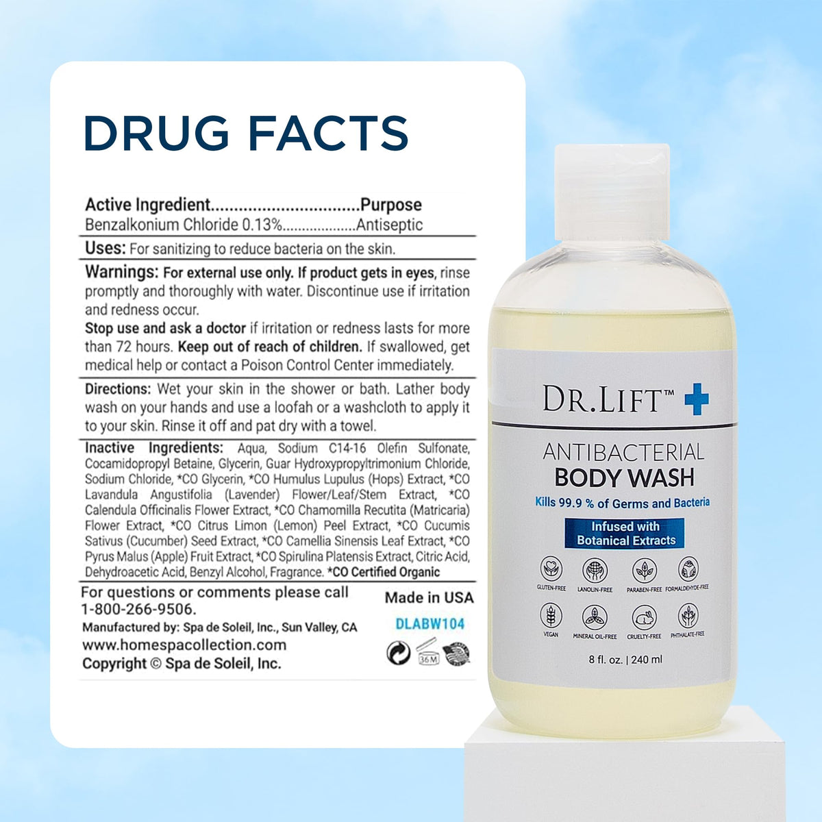 DR. LIFT size comparison with travel items showing portable 8 fl oz convenience