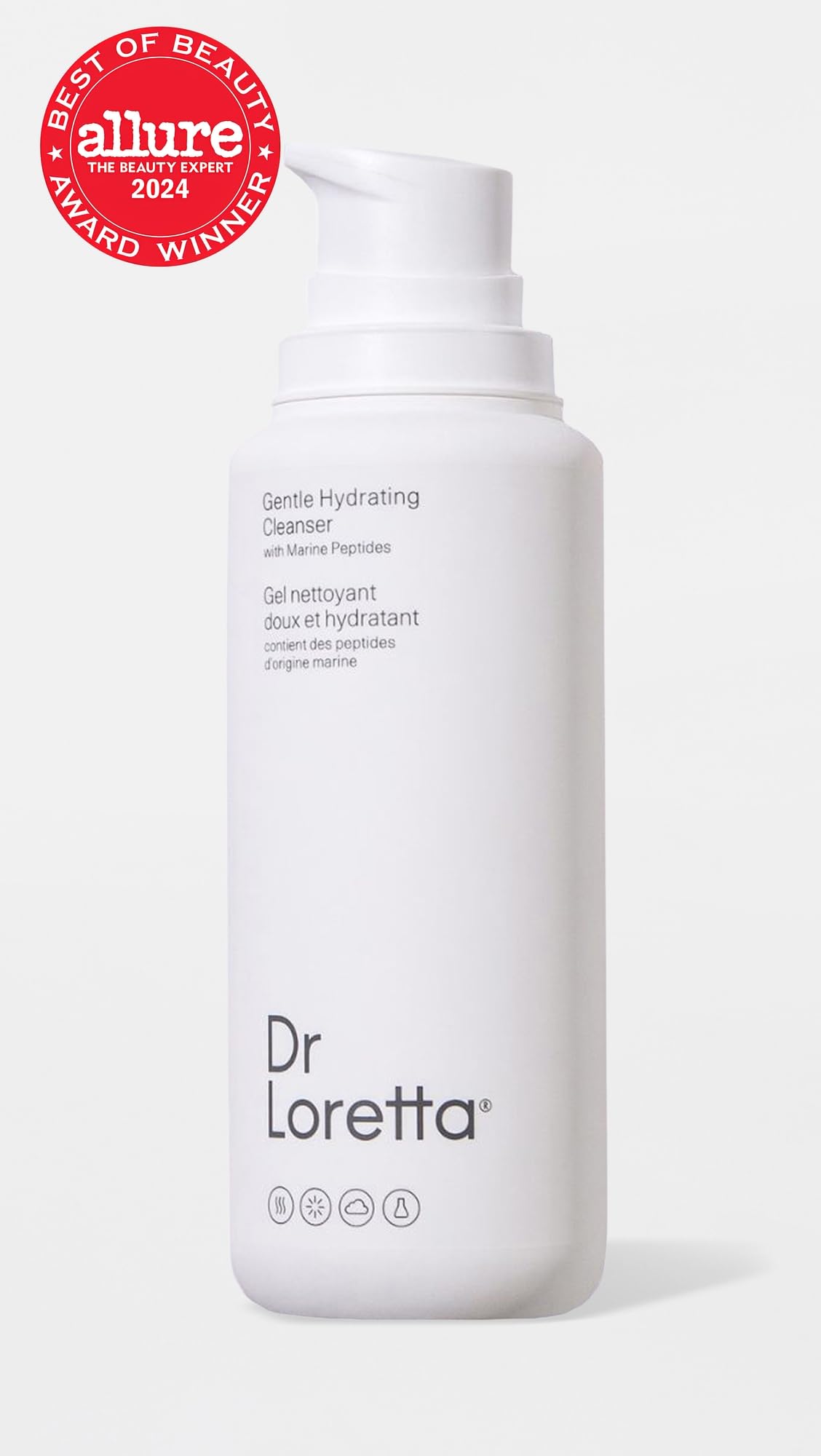 Dr. Loretta bottle pump close-up dispensing gel, easy controlled use