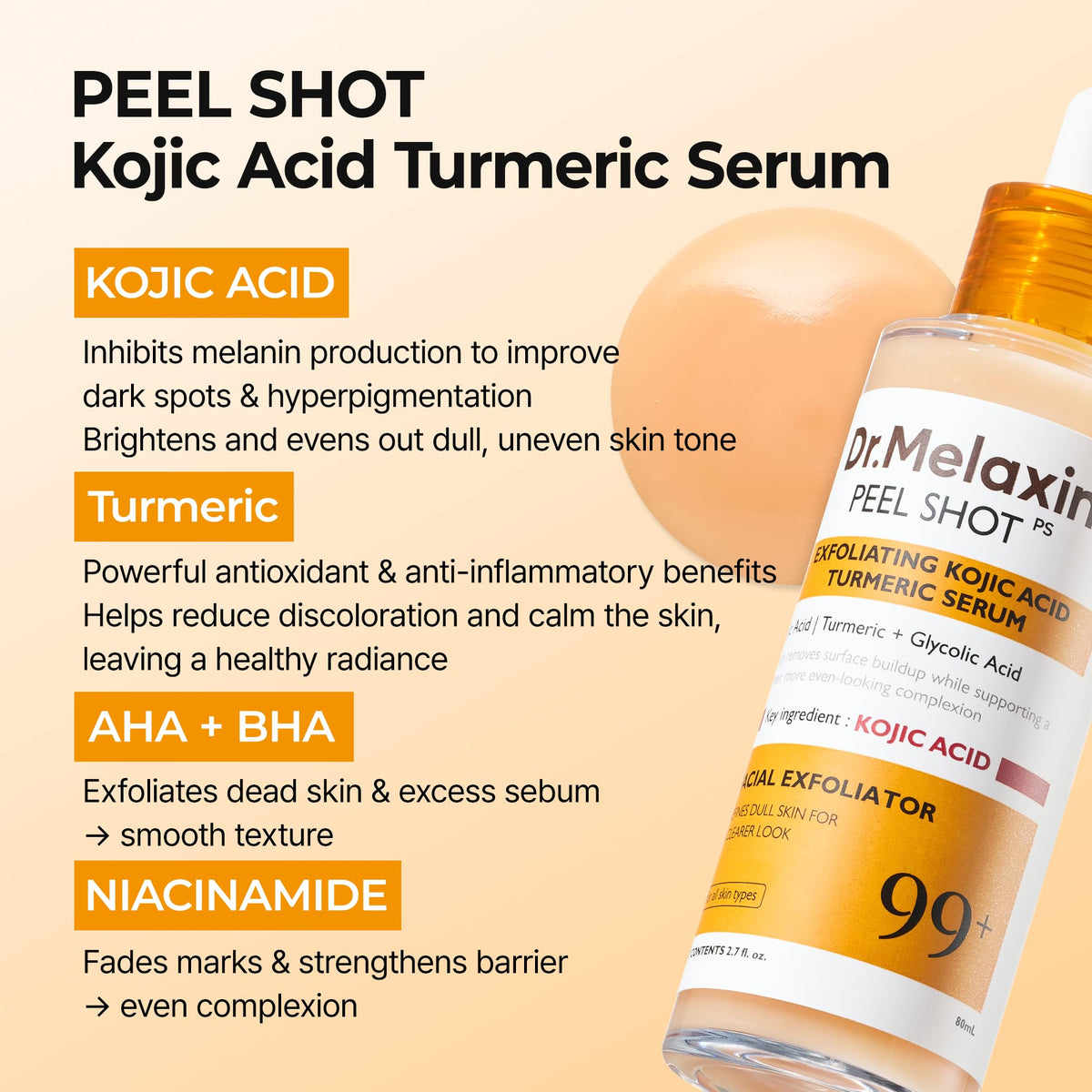 Dr.Melaxin ingredient display with kojic acid turmeric highlighting active brighteners
