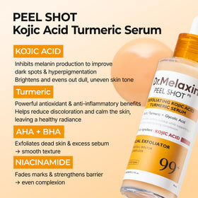 Dr.Melaxin ingredient display with kojic acid turmeric highlighting active brighteners