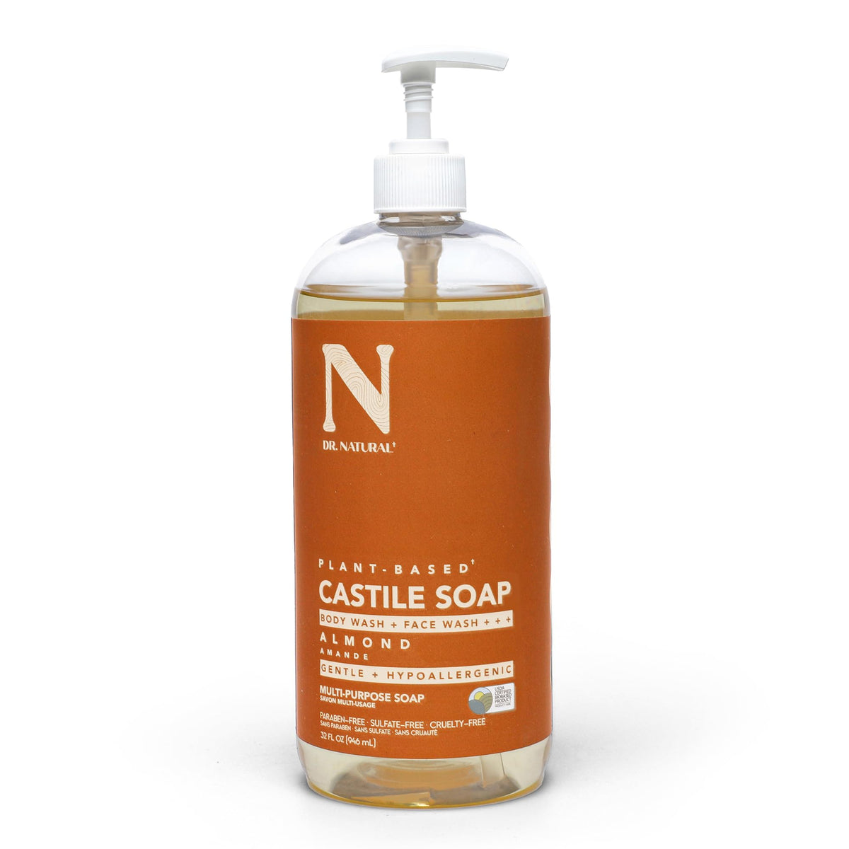 Dr. Natural front packaging showing almond 32 oz bottle and benefits