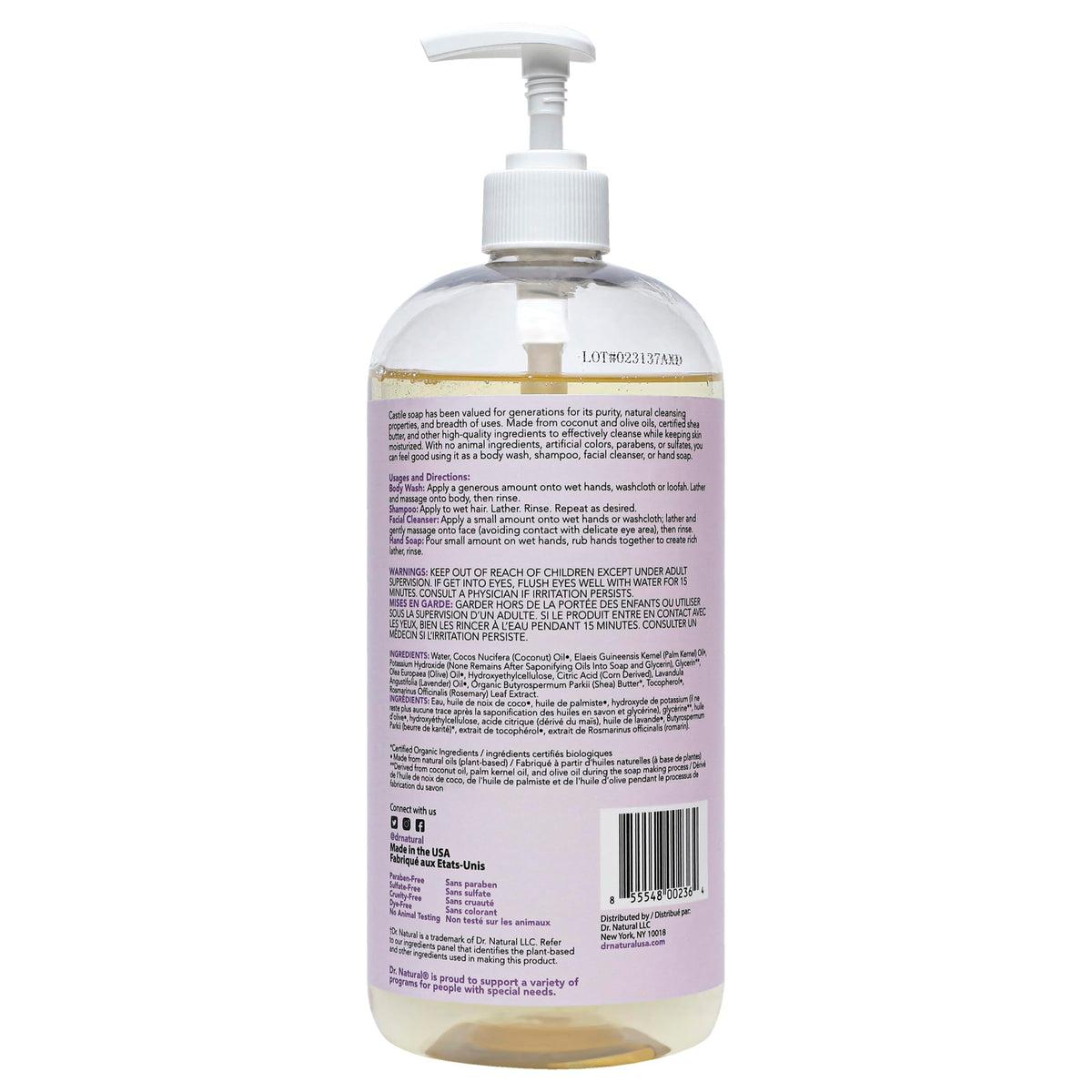 Dr. Natural bottle in a serene bathroom scene evoking calm lavender scent