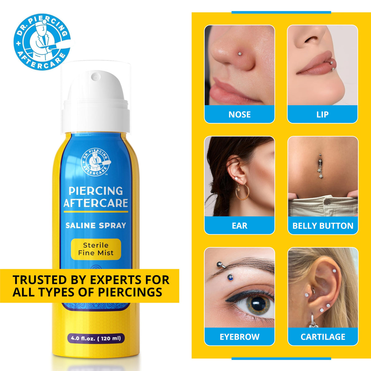 Using Dr. Piercing Aftercare mist on ear helix piercing showing comfortable, precise care