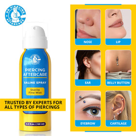 Using Dr. Piercing Aftercare mist on ear helix piercing showing comfortable, precise care