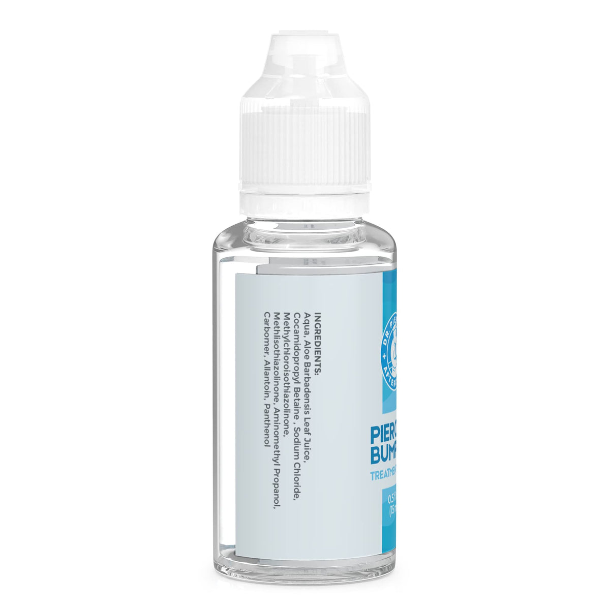 DR. PIERCING AFTERCARE illustrative before and after guide showing reduced bump appearance