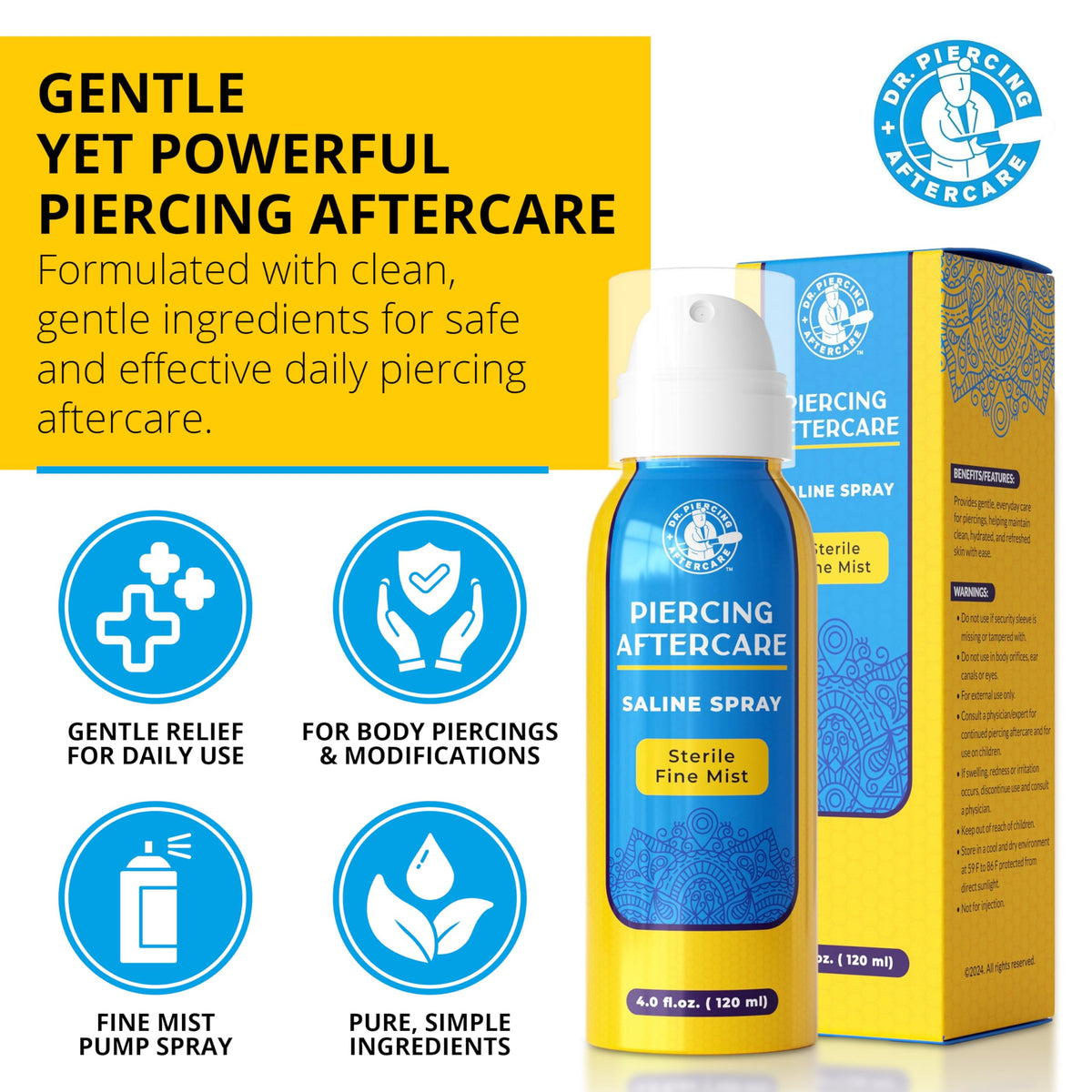 Close-up of fine mist spray from Dr. Piercing Aftercare demonstrating gentle, even coverage