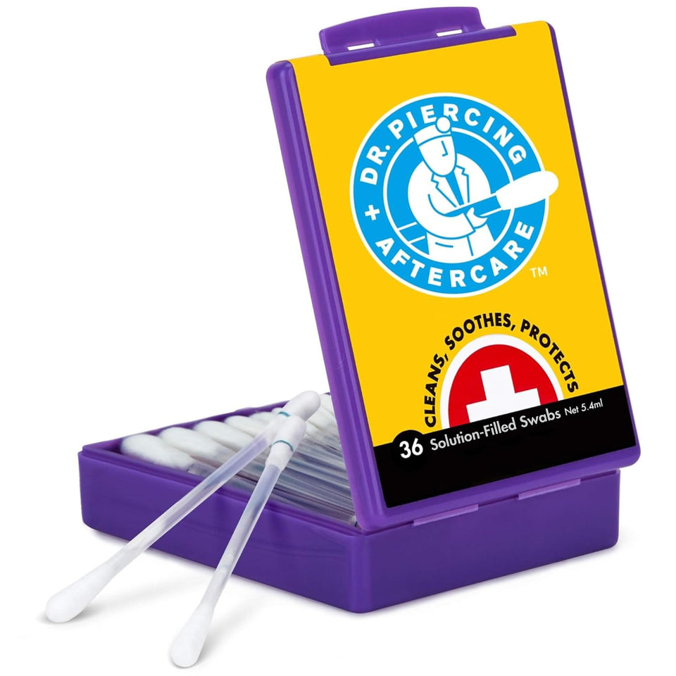 dr. piercing aftercare front packaging showing 36 swabs and brand clarity
