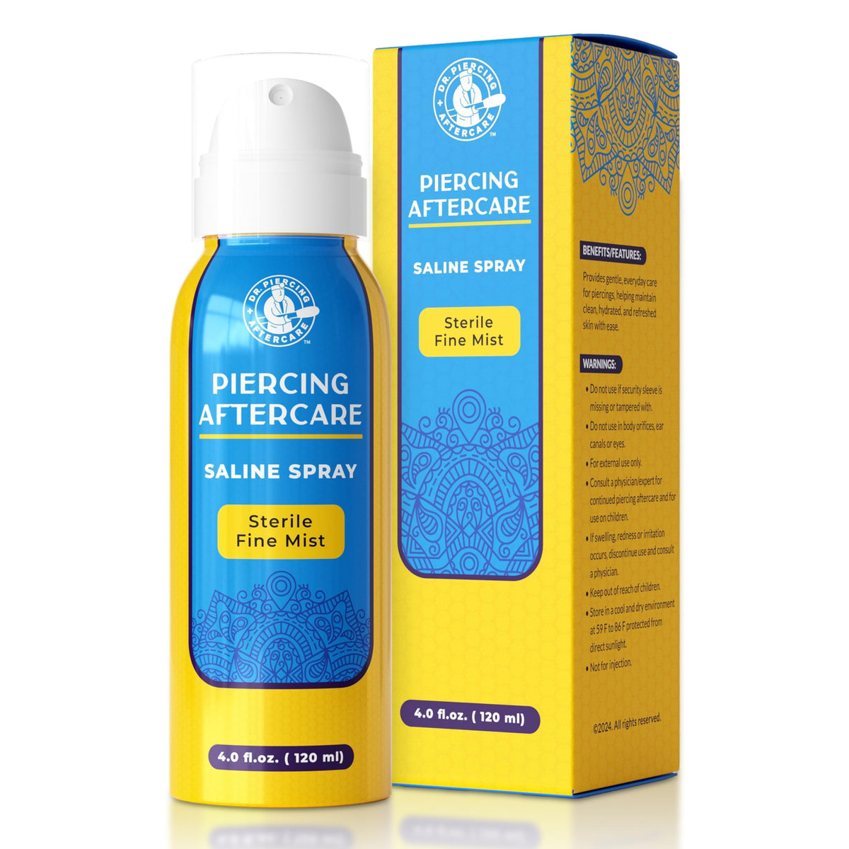 Dr. Piercing Aftercare front bottle view showing clean sterile packaging and benefit of simple care