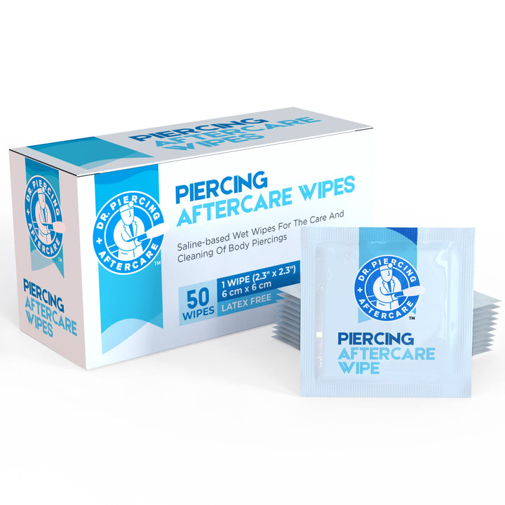 Dr. Piercing Aftercare front packaging showing 50-count pack and benefits for quick identification