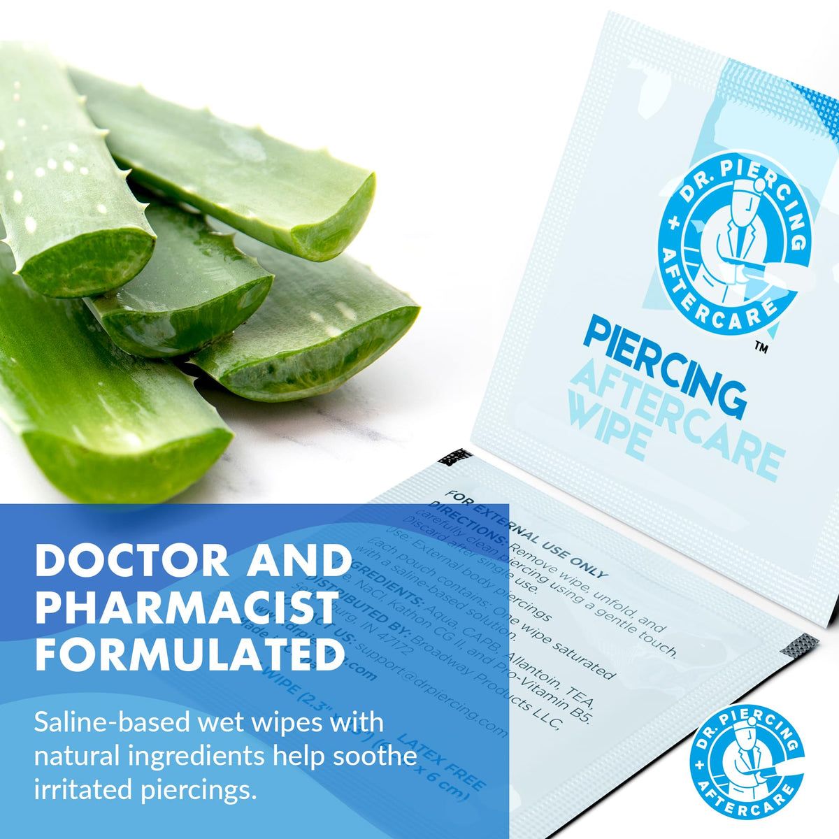 Dr. Piercing Aftercare individual wipe opened beside sealed packet for sanitary single use