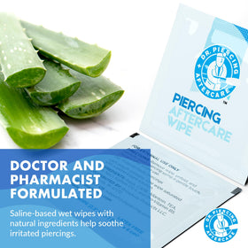 Dr. Piercing Aftercare individual wipe opened beside sealed packet for sanitary single use