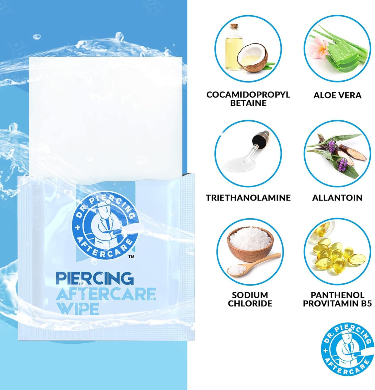 Dr. Piercing Aftercare ingredient label showing Aloe Vera Allantoin Panthenol for hydration