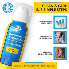 Label detail on Dr. Piercing Aftercare bottle showing two-ingredient formula and manufacturing info