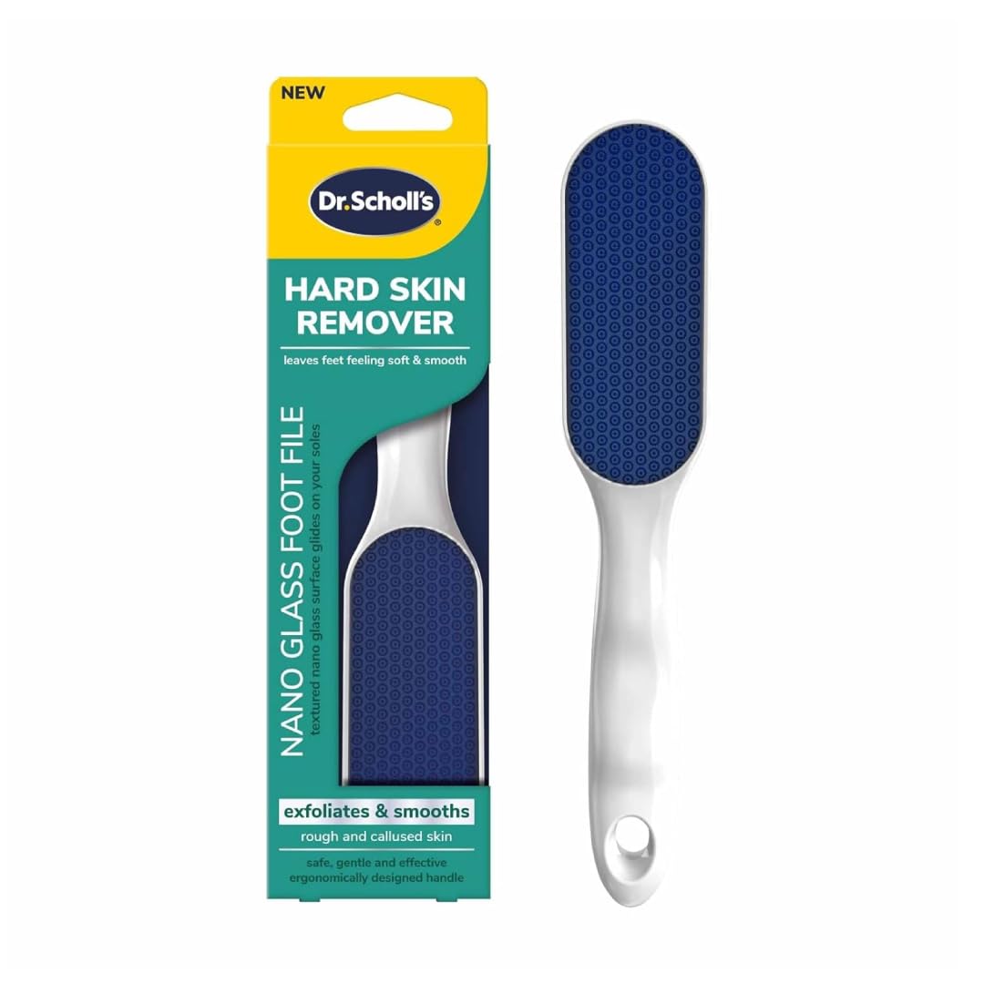 Dr. Scholl's front packaging showing nano glass foot file benefit smooth feet