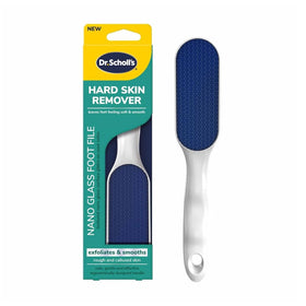Dr. Scholl's front packaging showing nano glass foot file benefit smooth feet