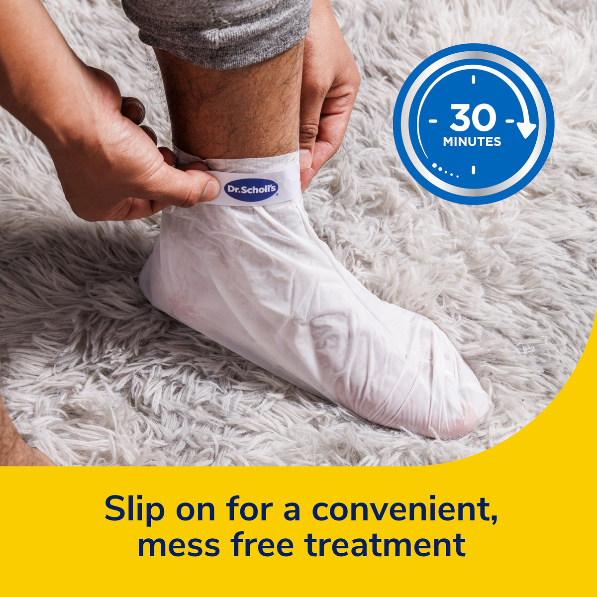 Dr. Scholl's in-use image of feet wearing moisturizing socks for 30-minute treatment