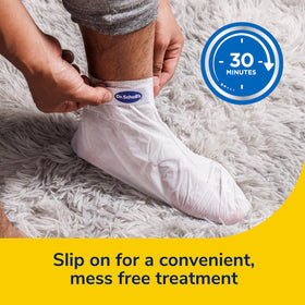 Dr. Scholl's in-use image of feet wearing moisturizing socks for 30-minute treatment
