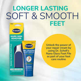 Dr. Scholl's lifestyle on bathroom shelf suggesting ready-to-use foot care