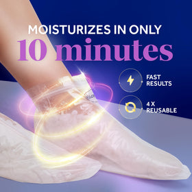 Dr. Scholl's foot immersion showing user dipping feet for spa-like moisturizing treatment