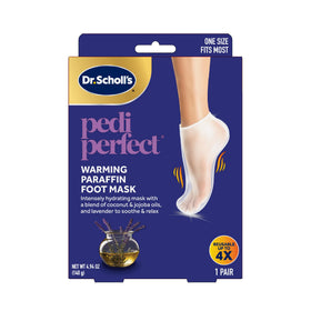 Dr. Scholl's front packaging showing paraffin foot mask and benefit of at-home hydration