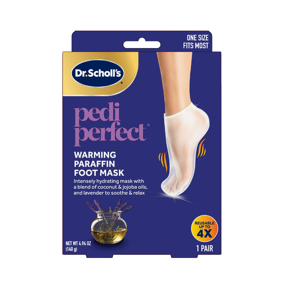 Dr. Scholl's front packaging showing paraffin foot mask and benefit of at-home hydration