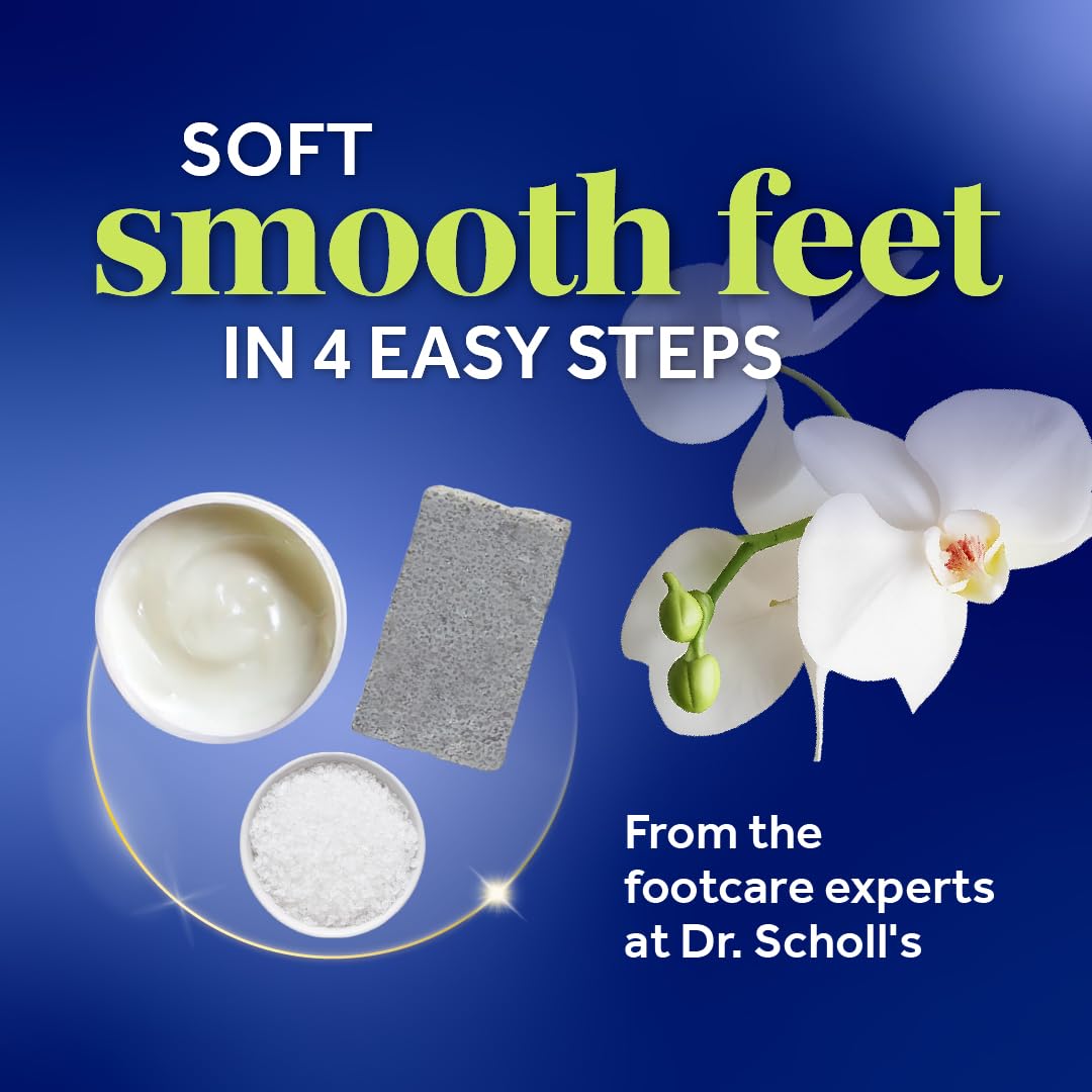 Dr. Scholl's kit in use with feet soaking to relax and soften skin