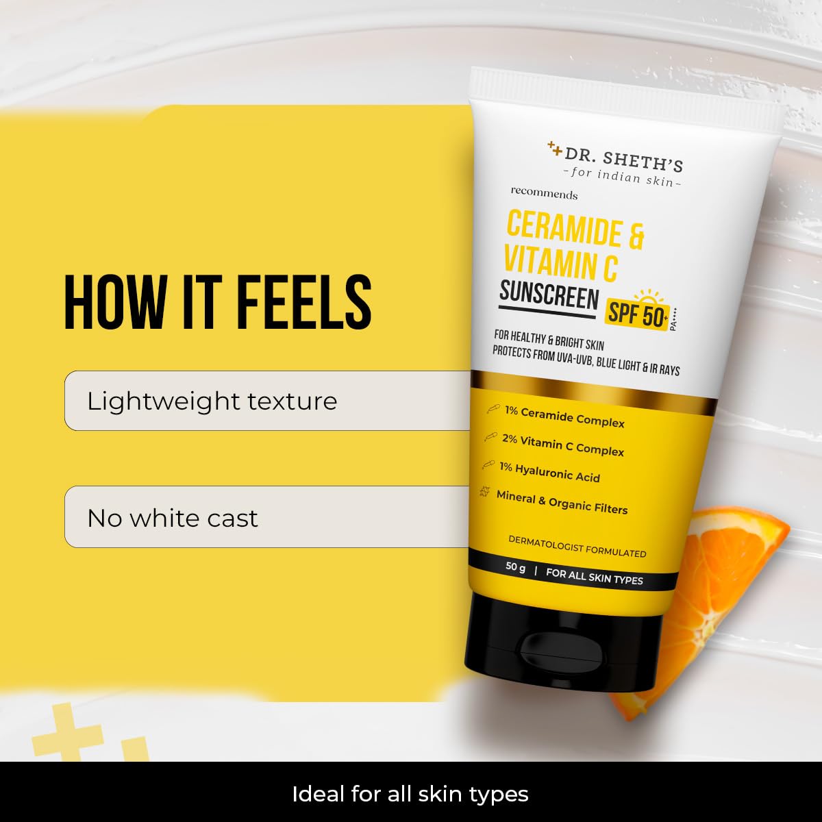 Dr. Sheth's ingredient focus with vitamin C and ceramide icons highlighting brightening benefit