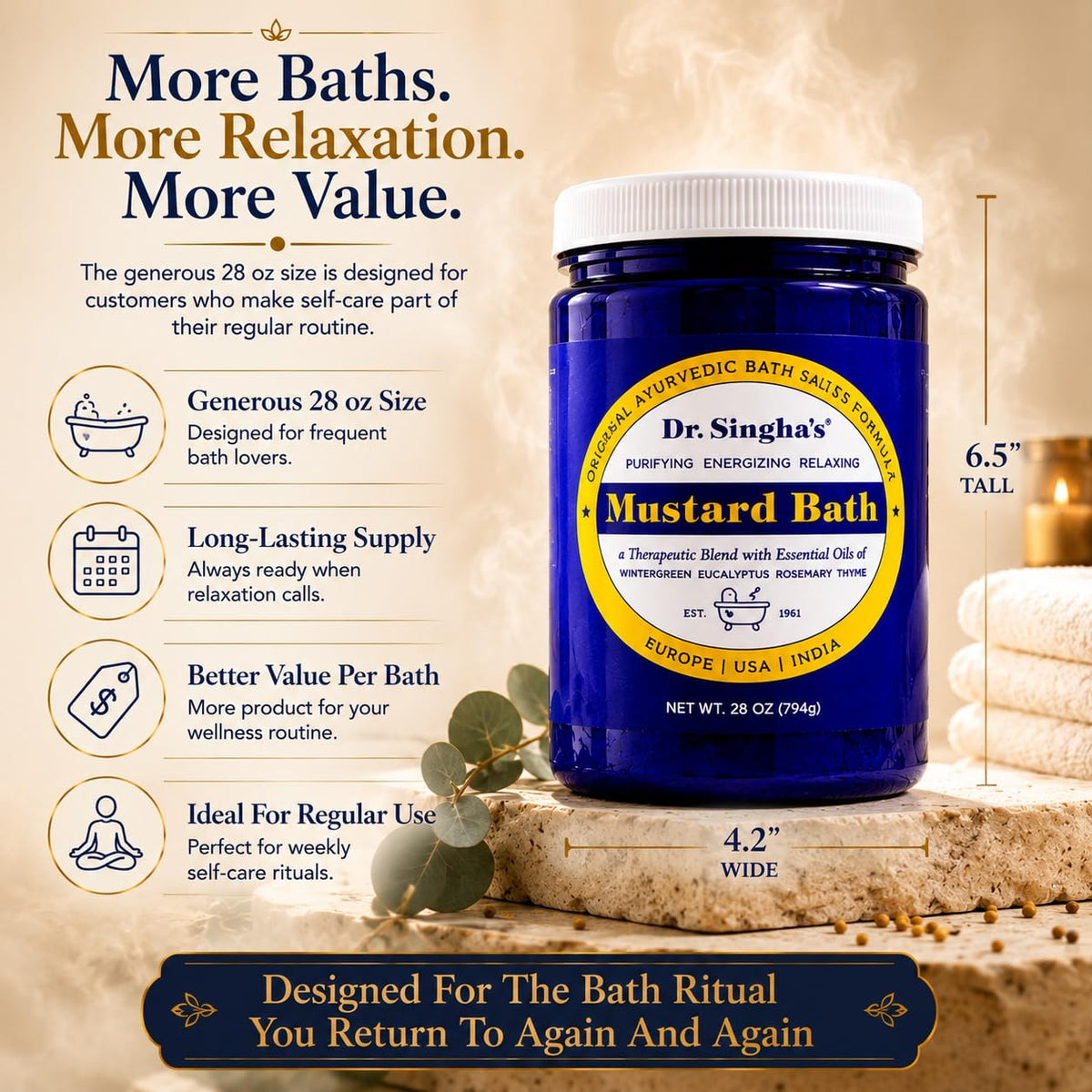 Dr. Singha's essential oils and mustard seed display emphasizing natural ingredients