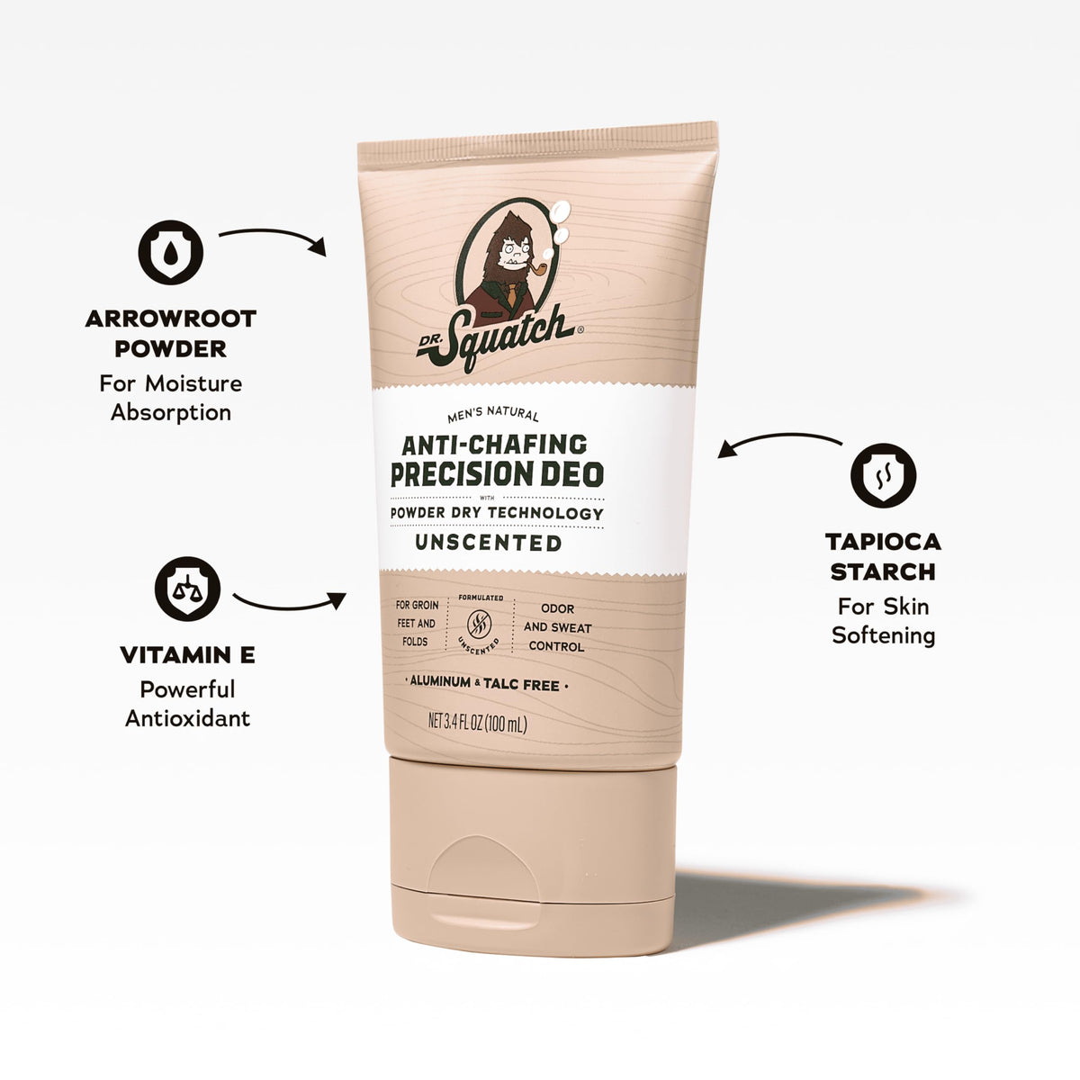 Dr. Squatch unscented deodorant being applied underarm demonstrating sweat control