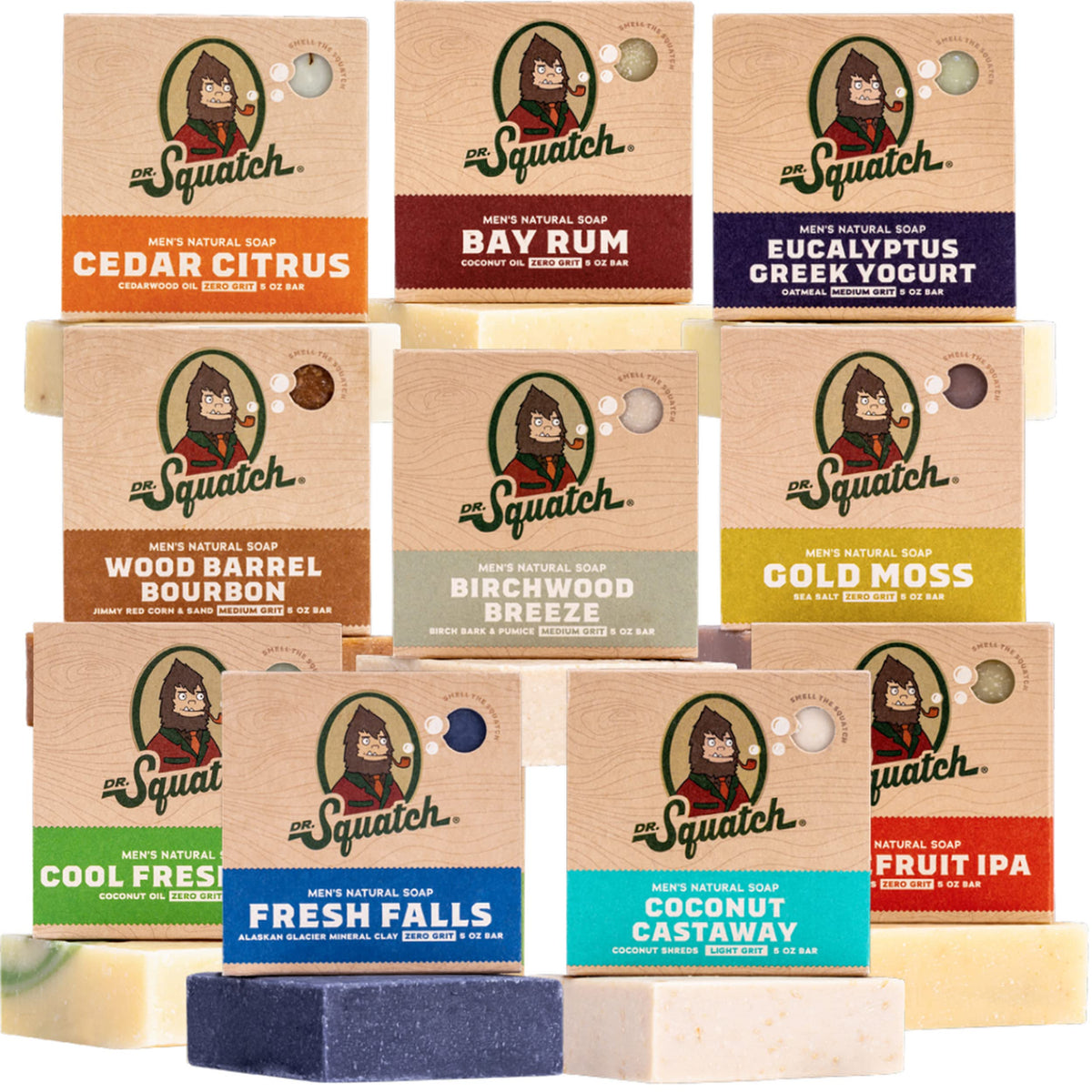 Dr. Squatch bar front packaging showing scent variety and nourishing benefits