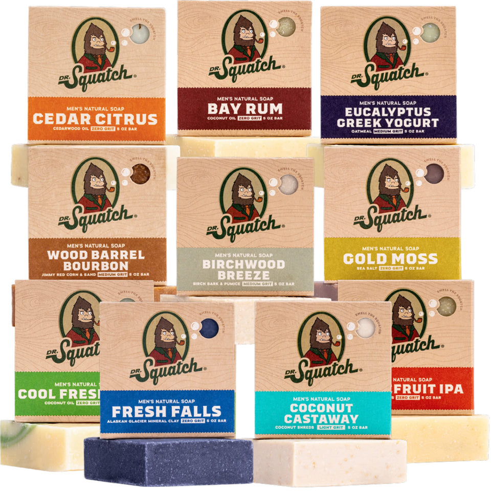 Dr. Squatch bar front packaging showing scent variety and nourishing benefits