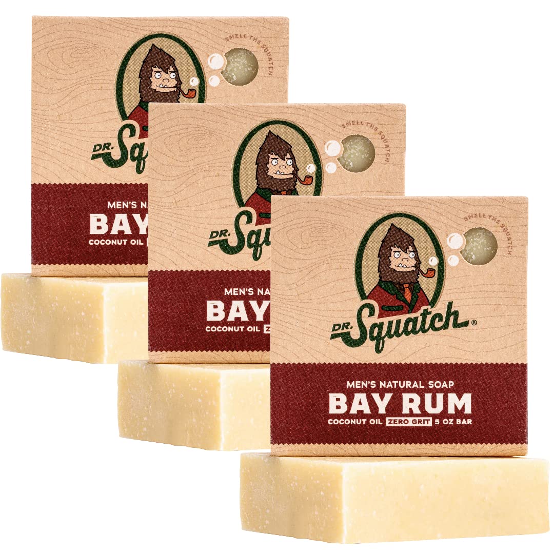 Dr. Squatch Bay Rum front packaging showing three 5 oz bars and branding benefits