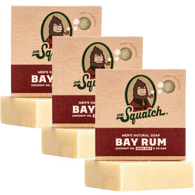 Dr. Squatch Bay Rum front packaging showing three 5 oz bars and branding benefits