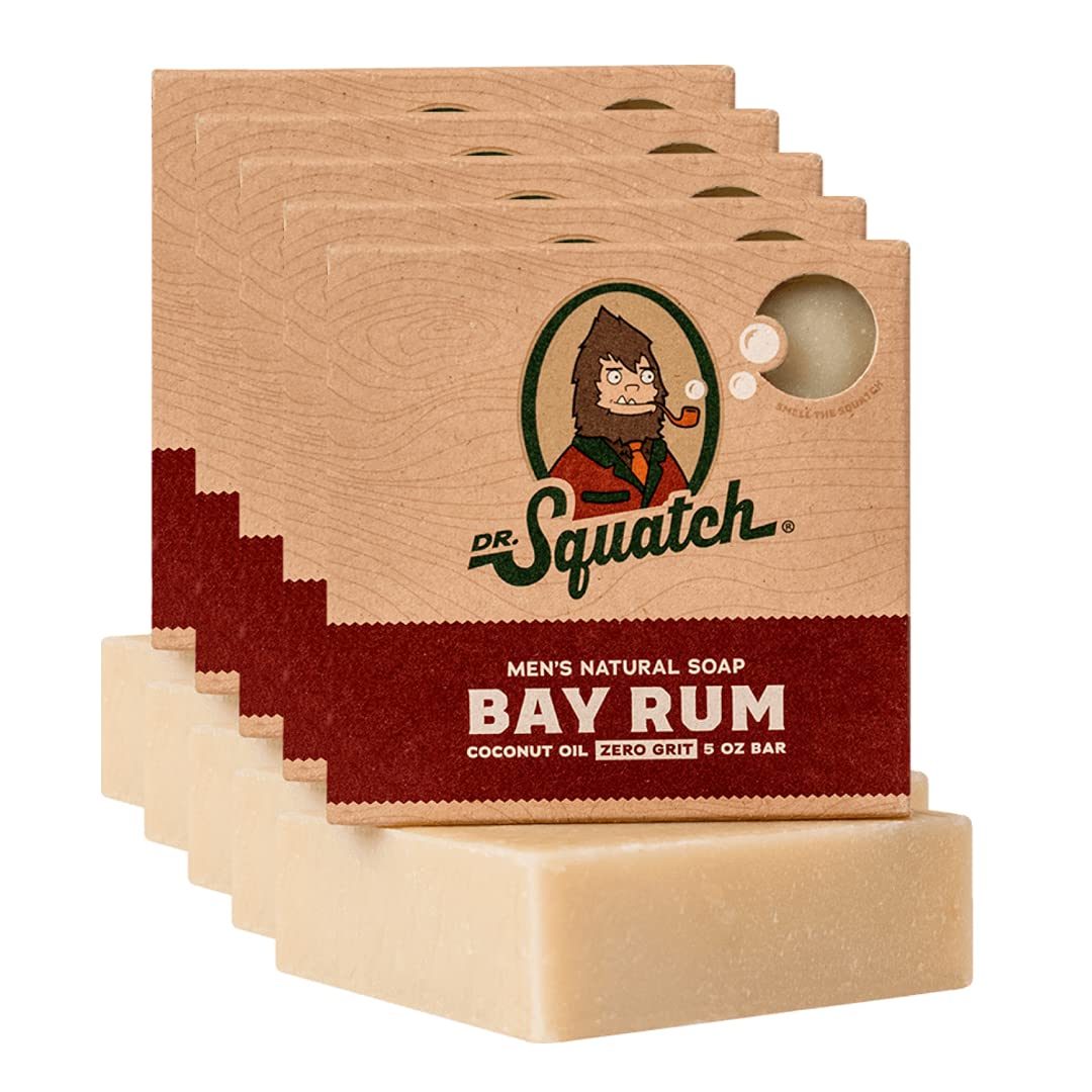 Dr. Squatch Bay Rum front packaging showing five bars and branding benefit of value