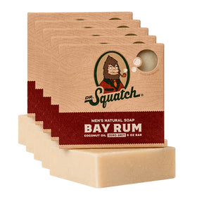 Dr. Squatch Bay Rum front packaging showing five bars and branding benefit of value