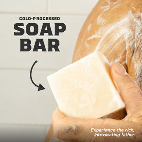 Dr. Squatch Bay Rum bar on shower shelf in scene suggesting fresh, everyday use