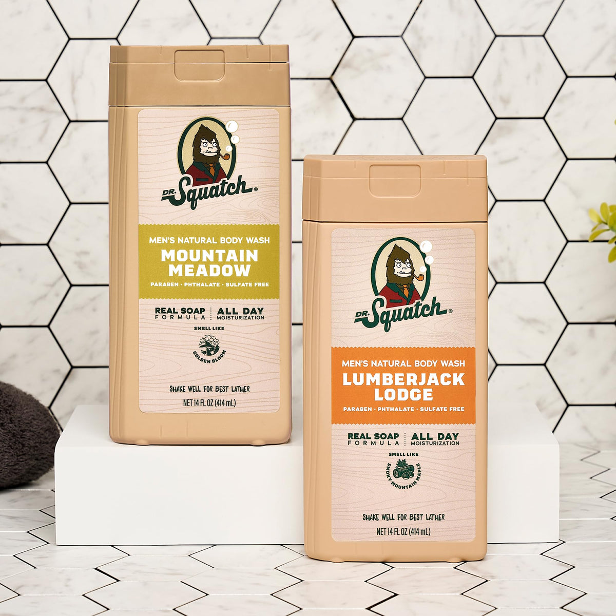 Dr. Squatch bottle in a shower scene illustrating daily use convenience
