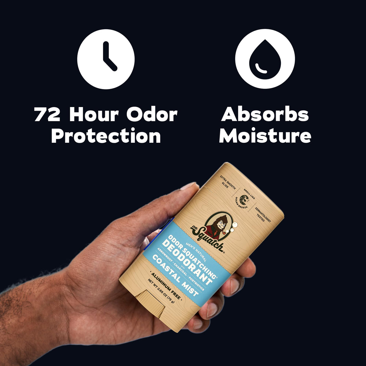 Dr. Squatch charcoal powder detail showing odor-absorbing benefit
