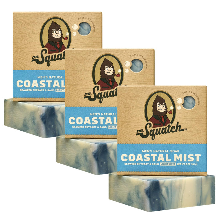Dr. Squatch front packaging showing Coastal Mist three-bar pack and clear labeling benefit