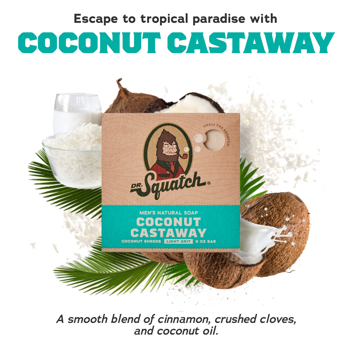 Dr. Squatch Coconut Castaway close-up of bar texture and moisturizing lather