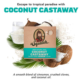 Dr. Squatch Coconut Castaway close-up of bar texture and moisturizing lather