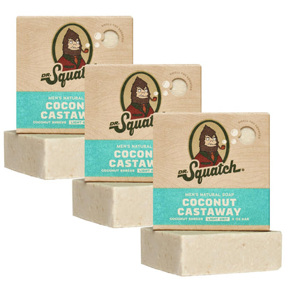 Dr. Squatch Coconut Castaway front packaging showing three bars and scent