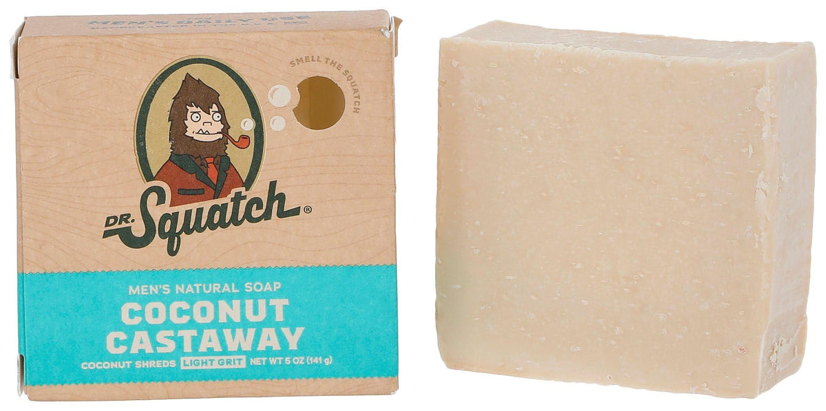 Dr. Squatch Coconut Castaway front view showing bar and packaging for natural cleansing